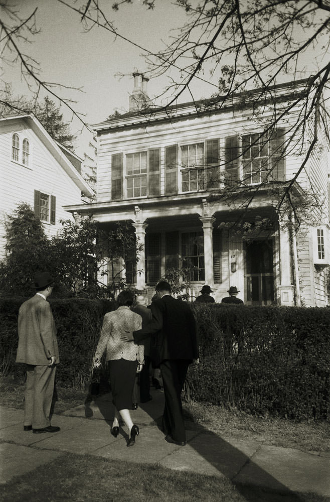 Family and friends return to Albert Einstein's home at 112 Mercer Street in Princeton, New Jersey, after his funeral in April 1955.