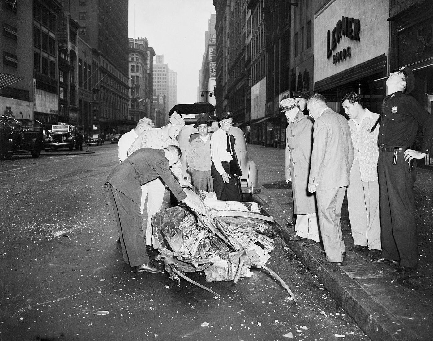 A view of part of the wreckage of the U.S. Army B-25 bombing plane that crashed into the empire state building