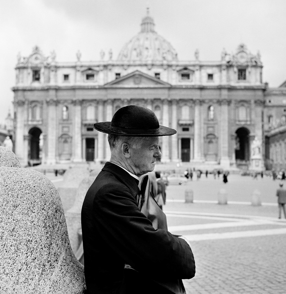 Praying Priest in Front of Saint Peters, Rome, 1956