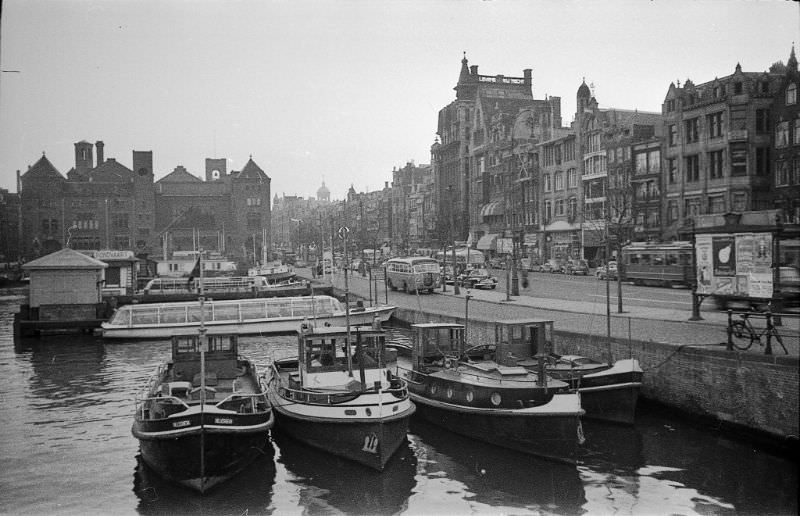 Amsterdam, Boats on Damrak, Netherlands, 1950