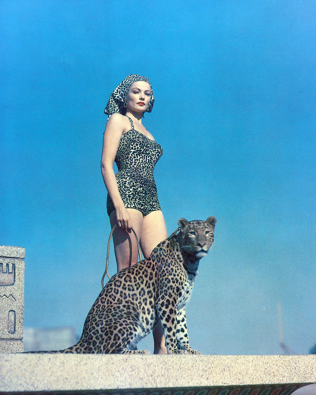 Wild Beauty: Gene Tierney Sizzles in Leopard Skin Swimsuit with a Real Leopard!