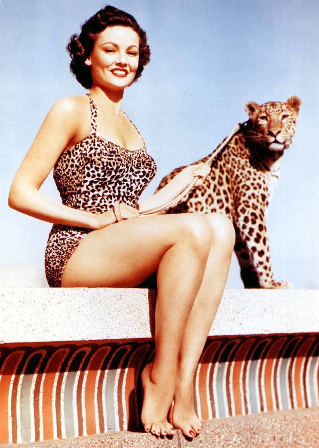 Wild Beauty: Gene Tierney Sizzles in Leopard Skin Swimsuit with a Real Leopard!