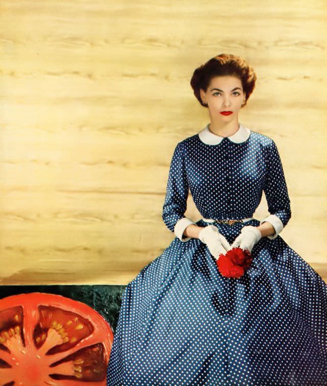 Georgia Hamilton in demure polka-dot shirtdress from Henry Rosenfeld, 1952
