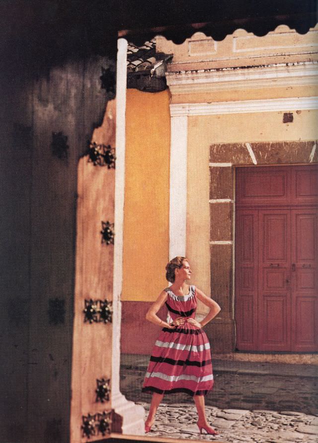 Georgia Hamilton in dress by Joset Walker, Antigua, Guatemala, Harper's Bazaar, June 1952