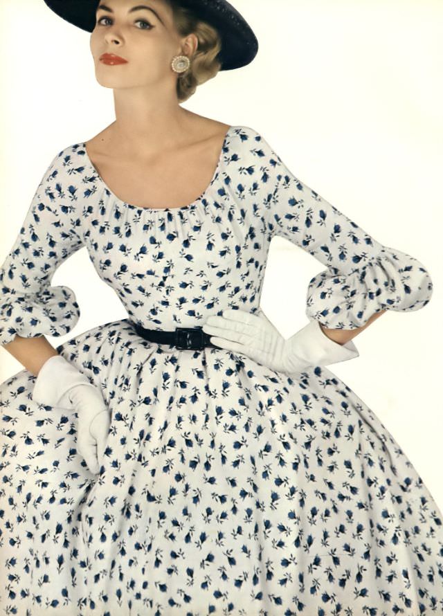 Georgia Hamilton in Celanese acetate surah dress by Brigance for Sportsmaker, Vogue, January 1953