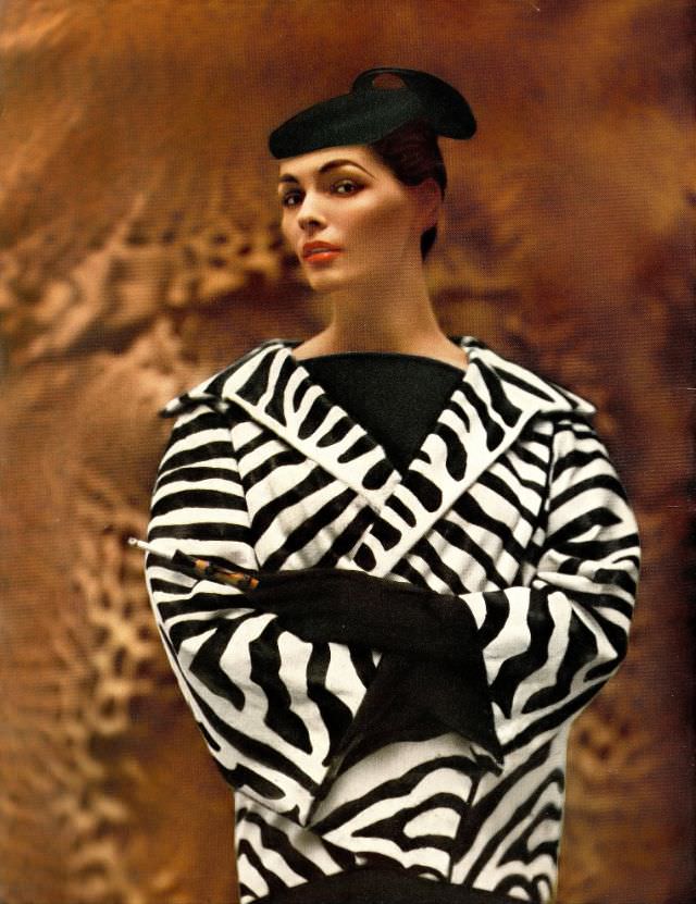 Georgia Hamilton is wearing a jacket of zebra pattern printed in calfskin by Balenciaga, Harper's Bazaar, December 1953