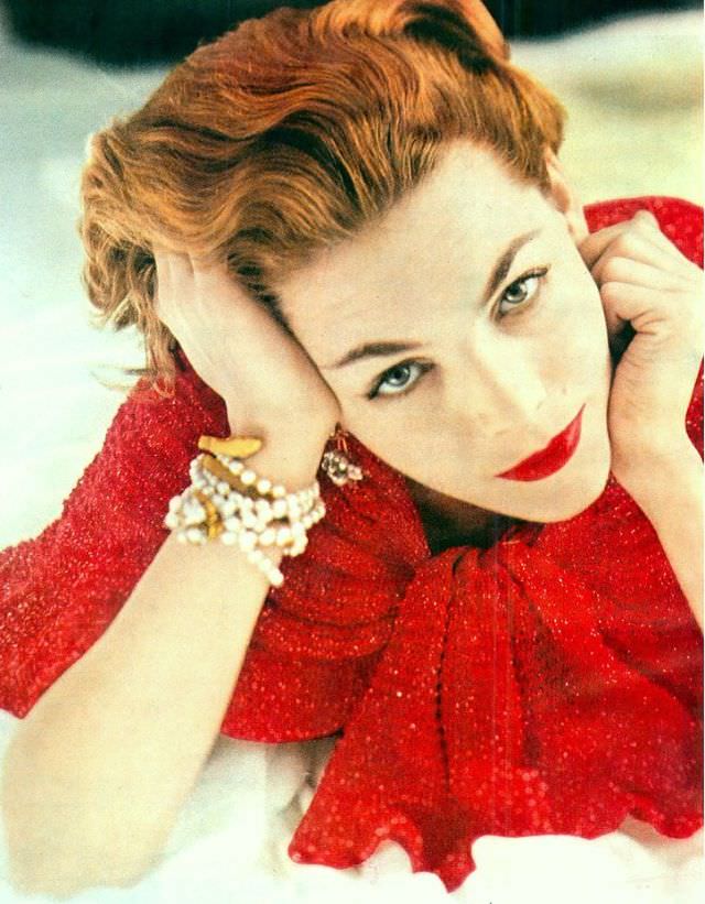 Georgia Hamilton in sparkling red knit shawl, May 1954