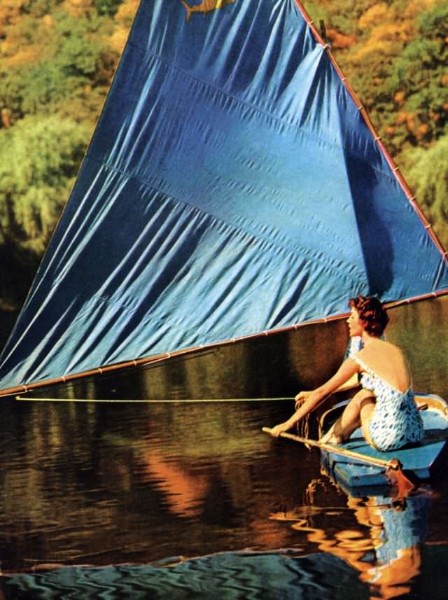 Model is wearing printed cotton maillot by Cole of California, photo by Gleb Derujinsky in Pound Ridge, New York, Harper's Bazaar, 1957