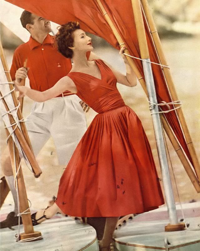 Ruth Neumann Derujinsky in red Wamsutta cotton dress by Jerry Gilden, photo by Gleb Derujinsky, Harper's Bazaar, January 1957