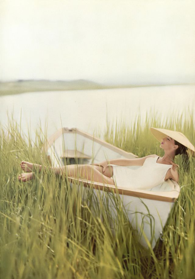 Ruth Neumann Derujinsky in white bathing suit and straw hat, photo by Gleb Derujinsky, Harper's Bazaar UK, July 1958