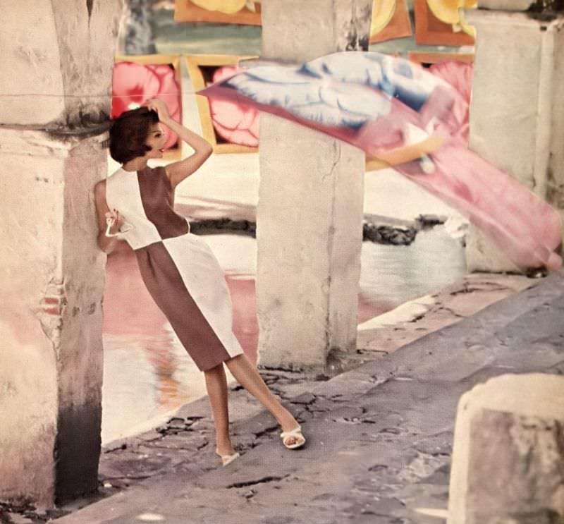 Simone d'Aillencourt in linen sheath of cocoa brown and white alternating blocks by B.H. Wragge, sandals by Evins, photo by Gleb Derujinsky, Harper's Bazaar, June 1959