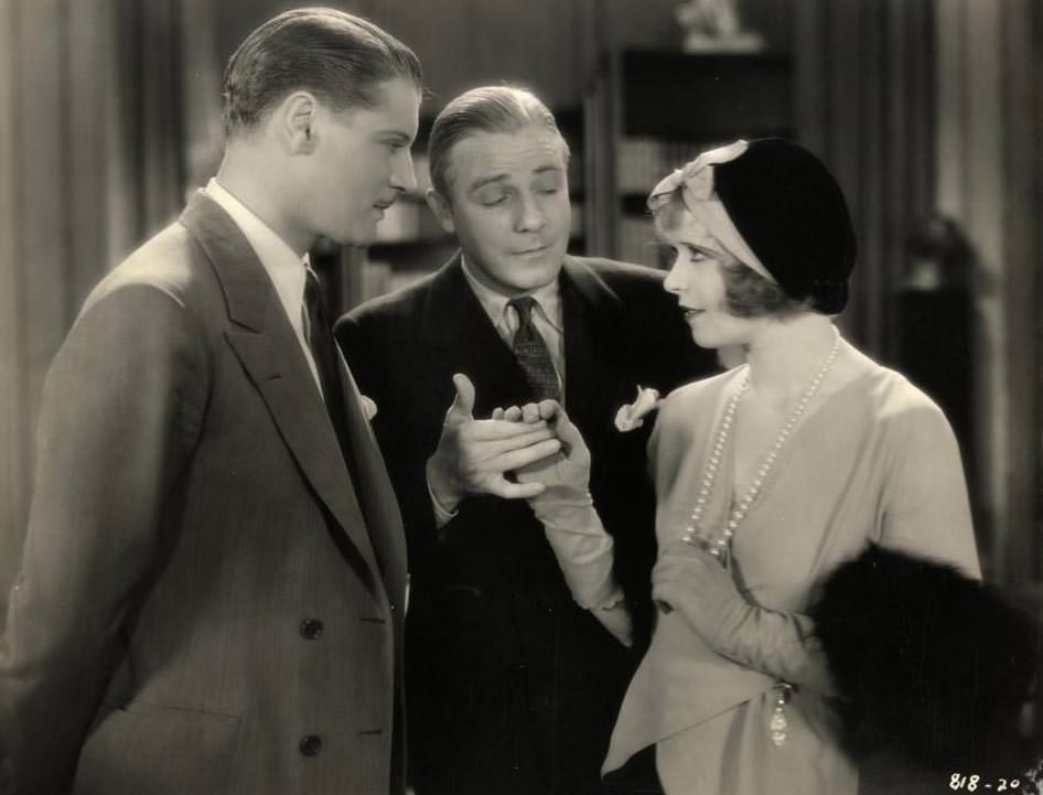 Clara Bow, Ralph Forbes, and Richard 'Skeets' Gallagher in 'Her Wedding Night', 1930
