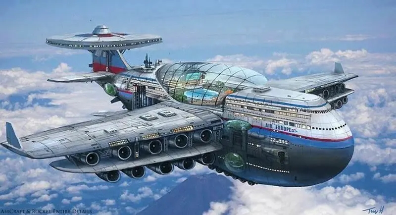 1970s futuristic concept for jetliner air travel.