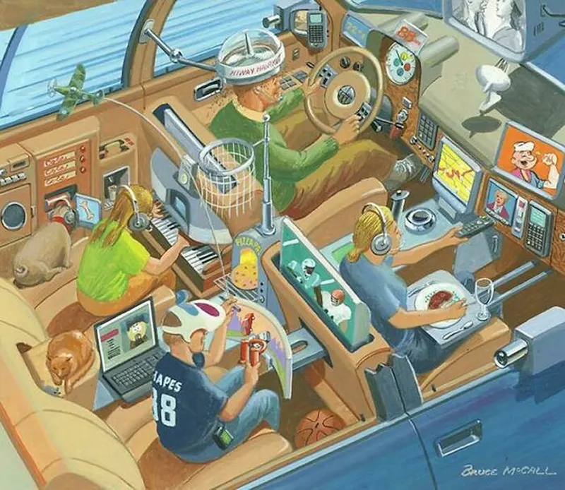 Futuristic road trip with the Family created by Bruce Mccall.