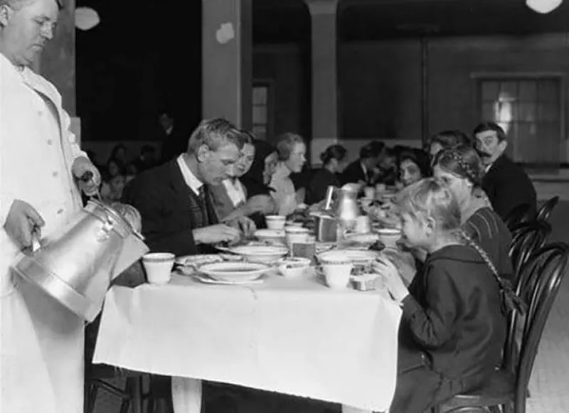 Group of Germans having lunch at Ellis Island, 1926.