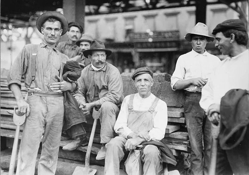 Group of Italian street laborers working under Sixth Ave., New York City, 1910.