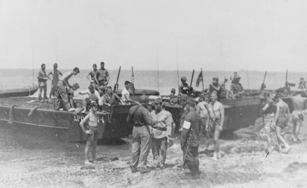 Lt. Commander Porter Clayton accepts a ceremonial sword as a gesture of surrender. Picture taken on Futtsu Saki Peninsula.