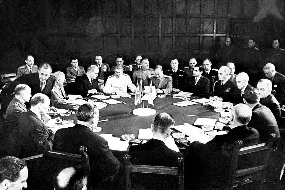 A session of the Potsdam Conference – those pictured include Clement Attlee, Ernest Bevin, Vyacheslav Molotov, Joseph Stalin, William D. Leahy, James F. Byrnes, and Harry S. Truman.