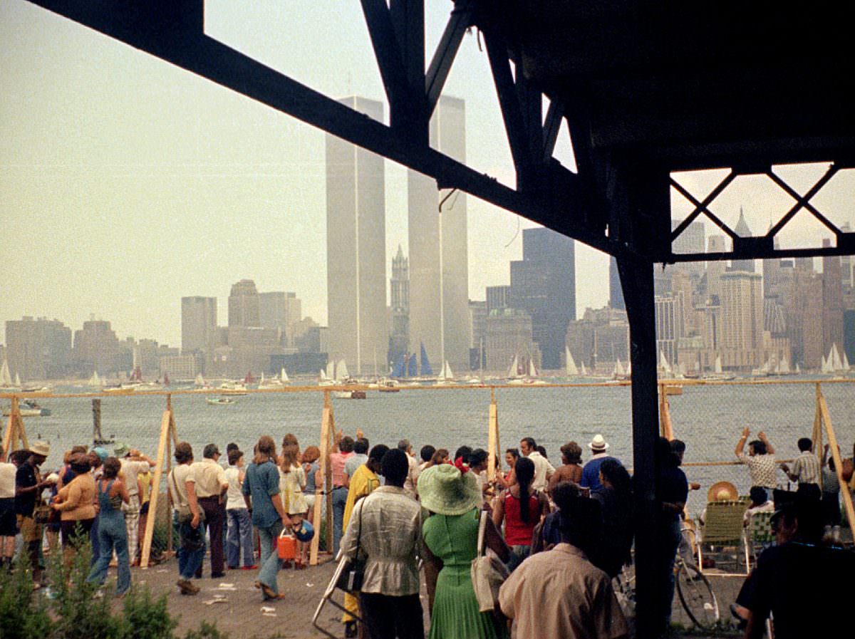 Bicentennial Tall Ships during Opsail (Operation Sail) from the abandoned Central Railroad of NJ in Jersey City. World Trade Center hovers over the scene, July 4 1976