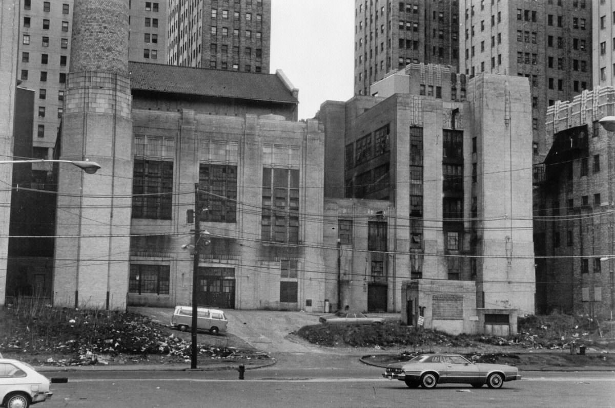 Jersey City Medical Center and its Powerhouse. Abandoned, littered and in ruins, 1977.