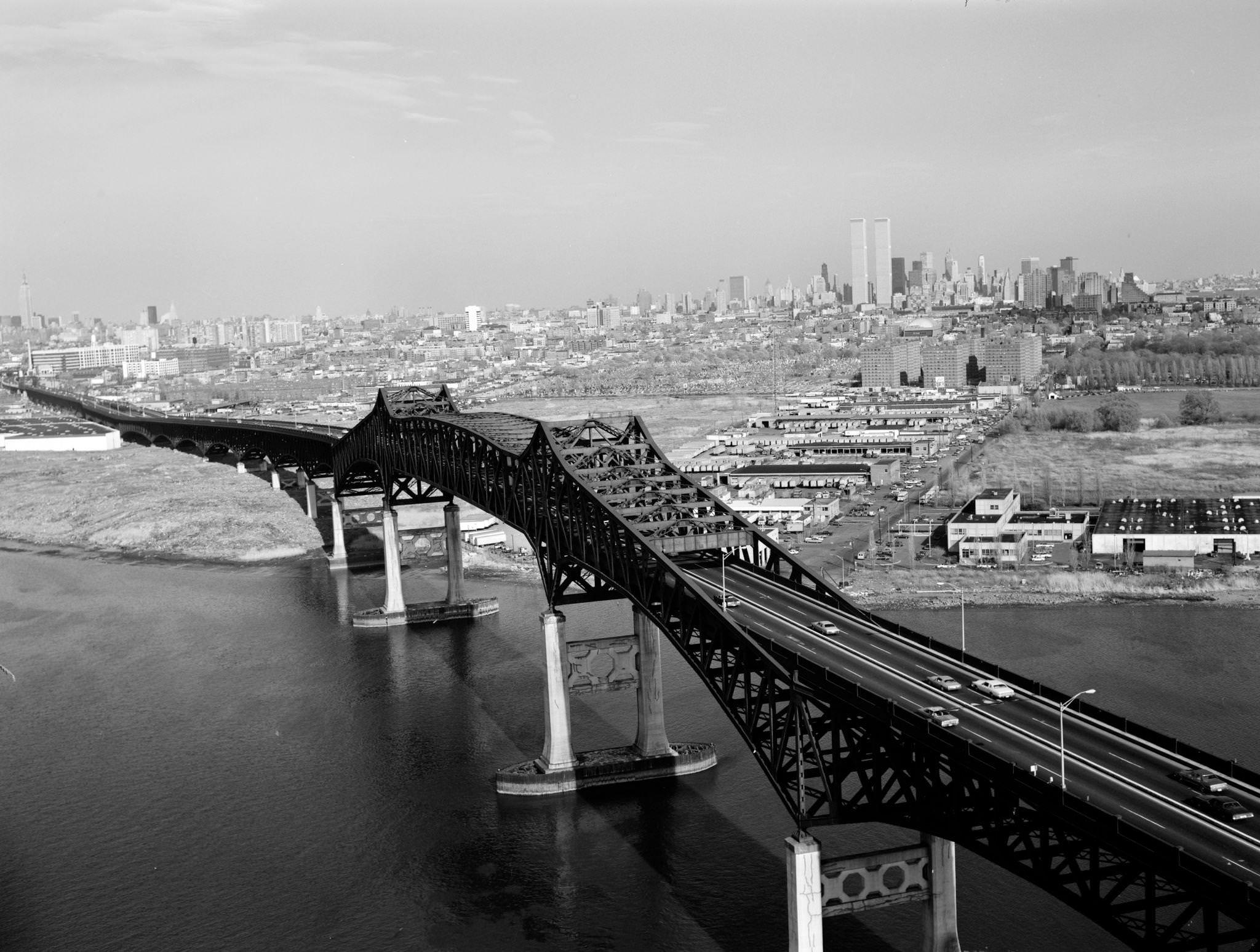 Aerial view looking east over the Pulaski Skyway which spans the Passaic River, Jersey City, New Jersey, 1978.