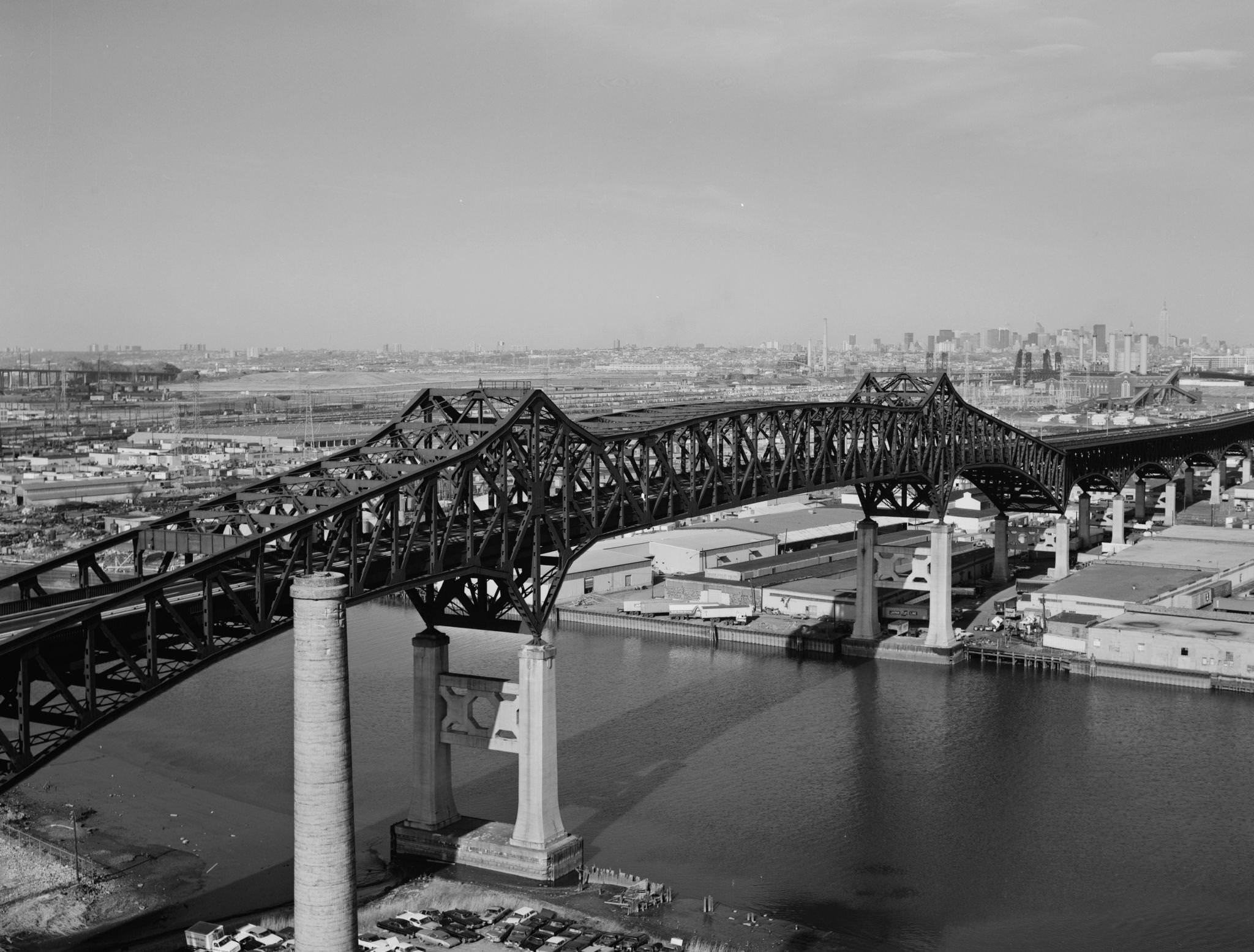 Aerial view looking east over the Pulaski Skyway which spans the Passaic River, Jersey City, New Jersey, 1978.