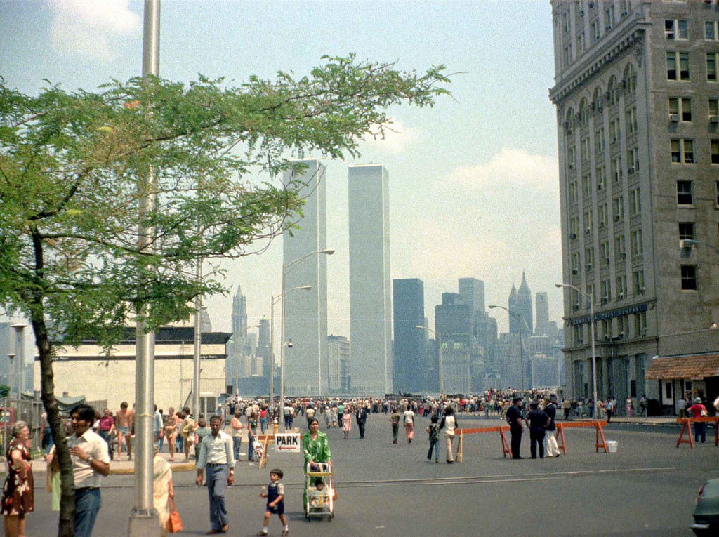 Exchange Place and the World Trade Center on Bicentennial Day in Jersey City, July 4, 1976