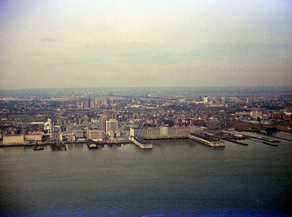 Jersey City panoramic view from the 58th floor of the World Trade Center, April 1974