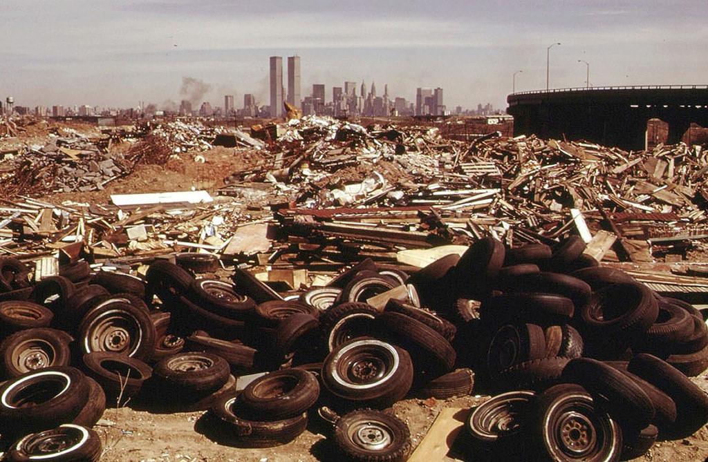 Looking east to Lower Manhattan and the World Trade Center near the New Jersey Turnpike exit 14B from James Hamil Drive, March 1974