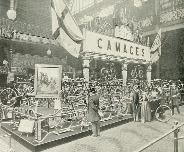 A cycle show at Agricultural Hall in Islington. Gamages was a department store in Holborn.