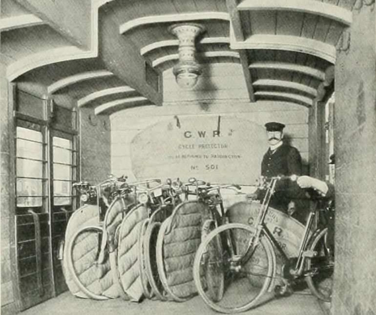 Bicycles looked after on a Great Western Railway train at Paddington.
