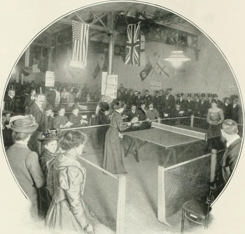 Women’s international ‘Ping Pong’ match at Queen’s Hall in Langham Place.