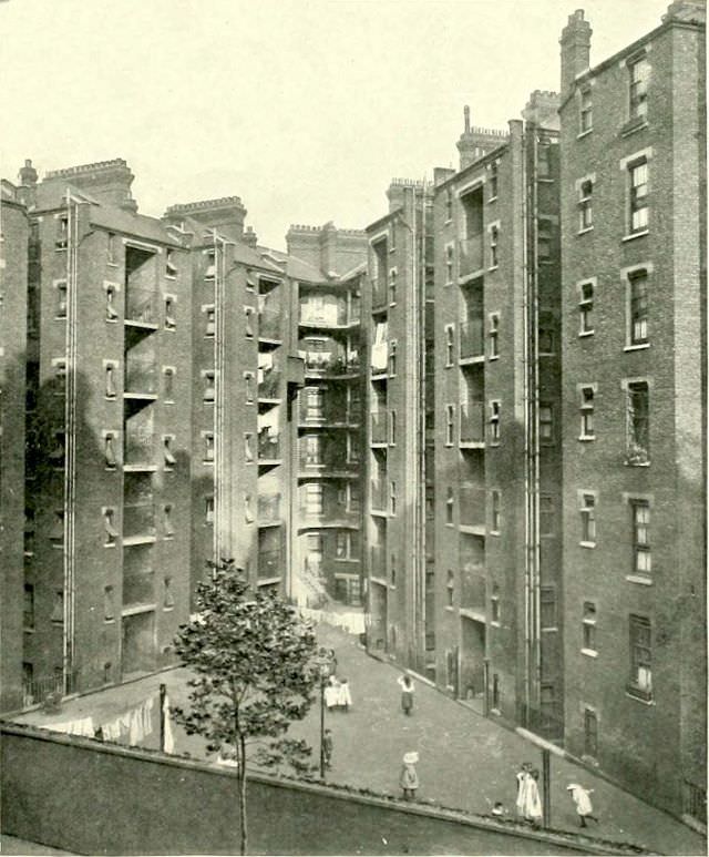 Tenement blocks recently built off the Farringdon Road.