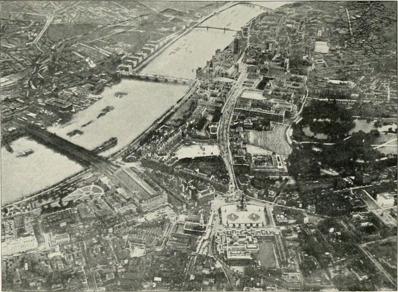 Aerial view of London looking down on Trafalgar Square.
