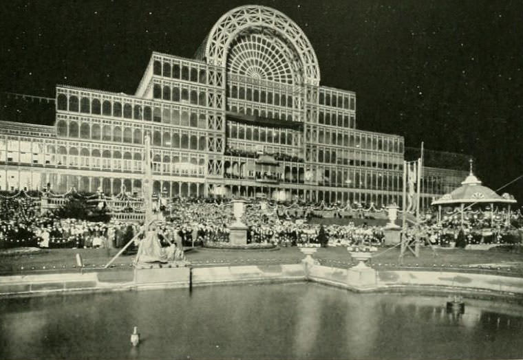 Crystal Palace lit up during a firework display.