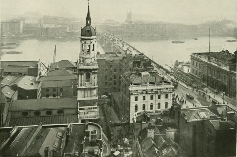 London Bridge and the river seen from the top of the Monument.