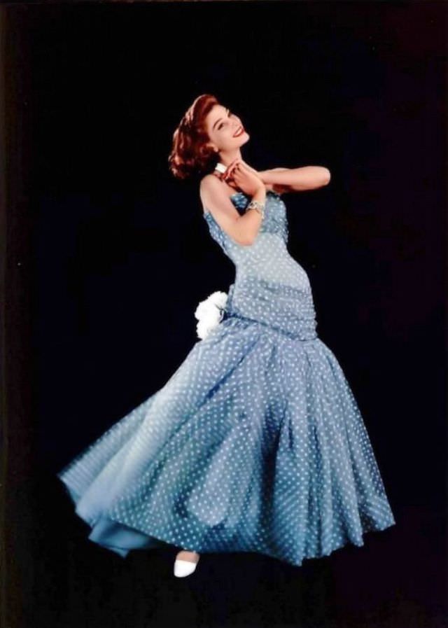 Marie-Helene Arnaud in a lovely dotted mousseline evening gown by Grès, L'Officiel, 1956