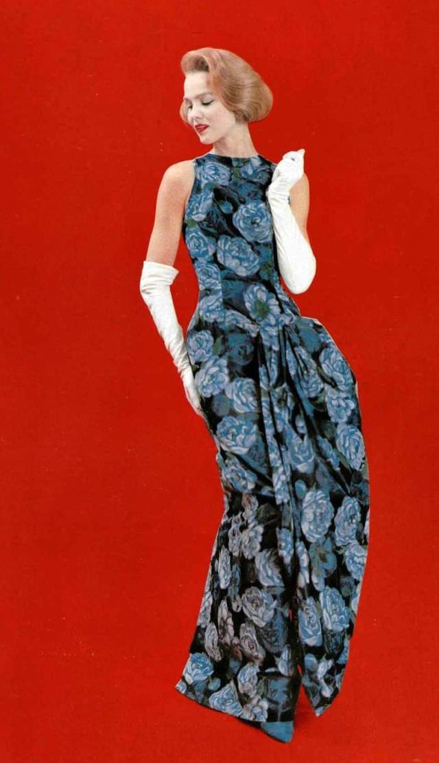Model in silk print evening gown by Grès, photo by Jacques Decaux, 1958
