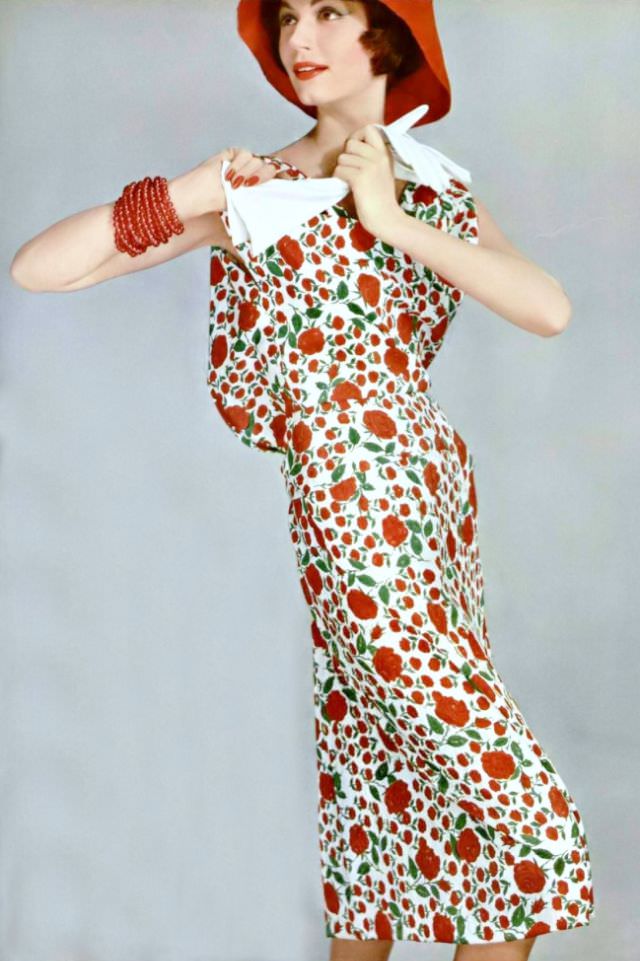Simone d'Aillencourt in pretty floral silk print dress with a blouson top by Grès, 1958