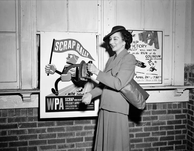 Display at a scrap salvage rally sponsored by the Work Projects Administration (WPA) at the state fairgrounds, Detroit, Michigan, 1942.