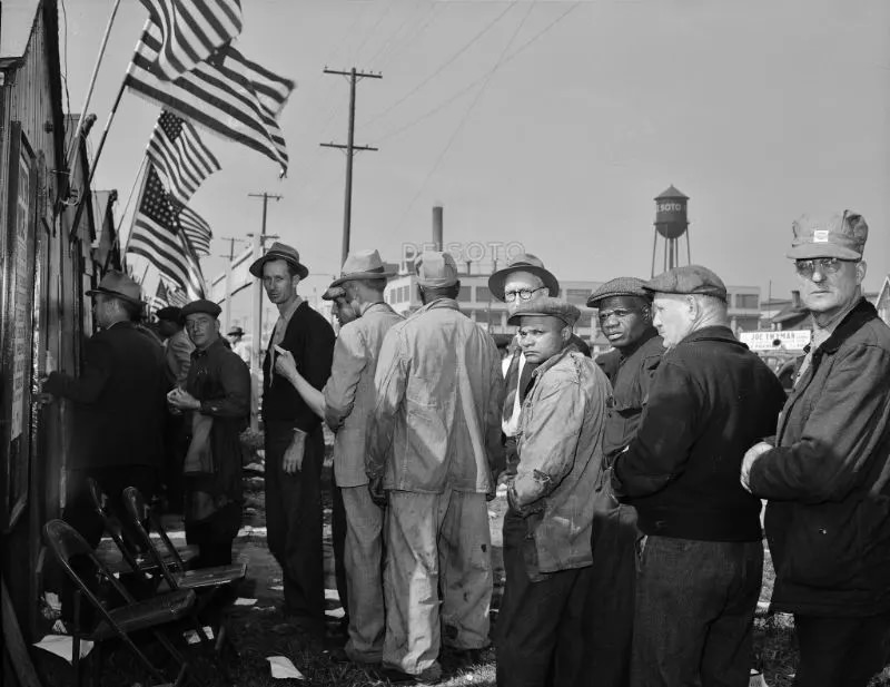 Election of officers to the Ford local 600, United Automobile Workers, Congress of Industrial Organizations. 80,000 River Rouge Ford plant workers voted, April 1942.