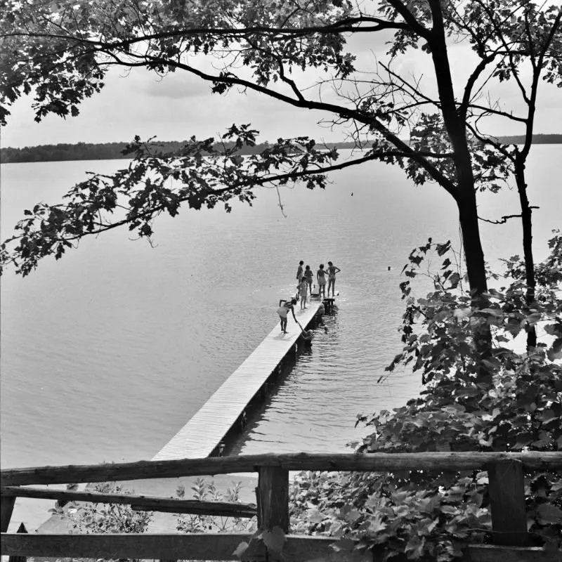 National music camp where 300 or more young musicians study symphonic music for eight weeks each summer. Swimming dock, Interlochen, Michigan, August 1942.