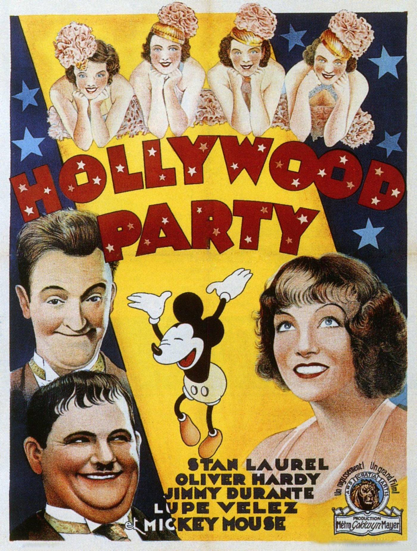 Hollywood Party, poster, Stan Laurel, Oliver Hardy, Lupe Velez, and Mickey Mouse, 1934.