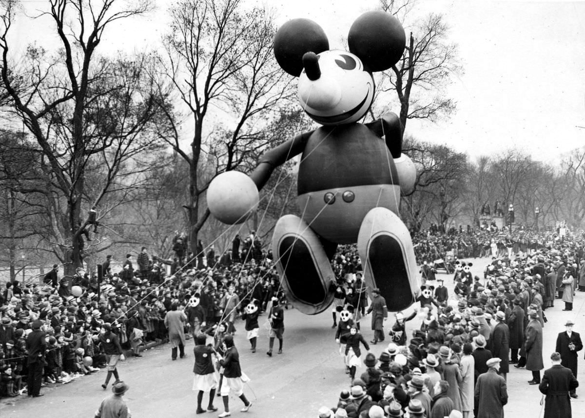A Mickey Mouse balloon floats along the route of the Thanksgiving Day parade in Boston on Nov. 24, 1938.