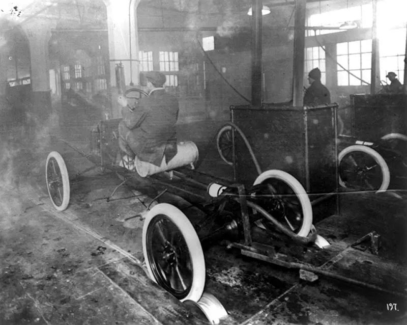 Model Ts coming off the assembly line at the Highland Park plant.