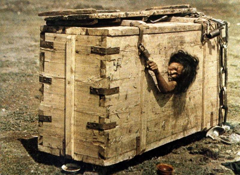 National Geographic magazine published this shot with a description: “A Mongolian woman sentenced to starvation death”, though this box could be used just as a portable prison popular among nomadic people