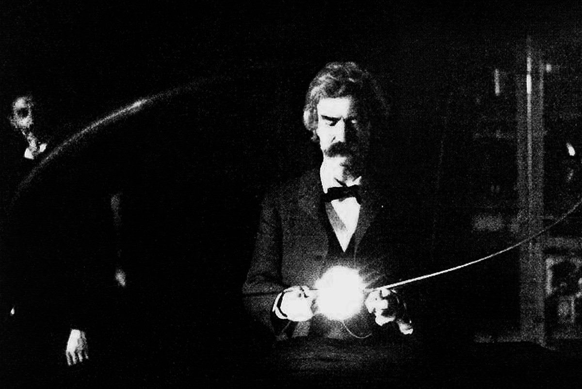 Mark Twain (penname of Samuel Langhorne Clemens) in the lab of Nikola Tesla, spring of 1894.