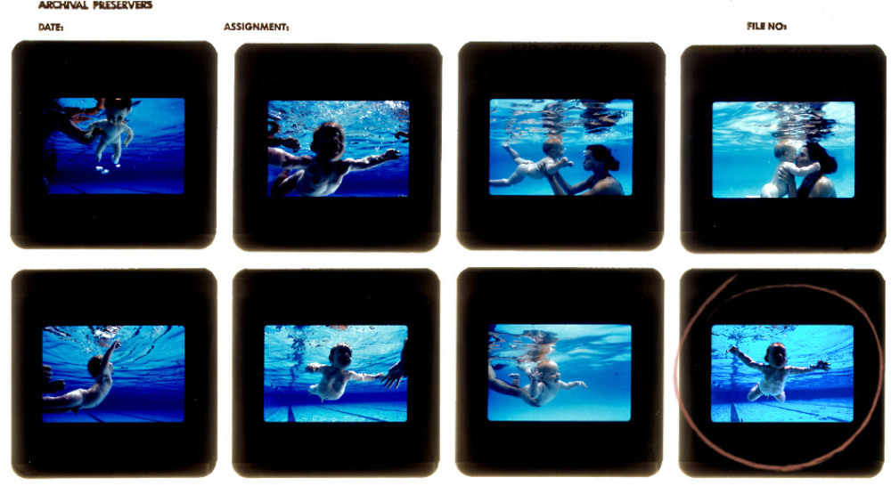 Proof sheet from the underwater shoot. The team used a doll (top left) for test shots.