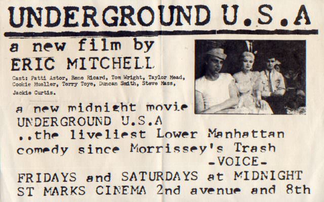 Underground U.S.A., a film by Eric Mitchell with Patti Astor, and Rene Ricard, Film screening, 1980.