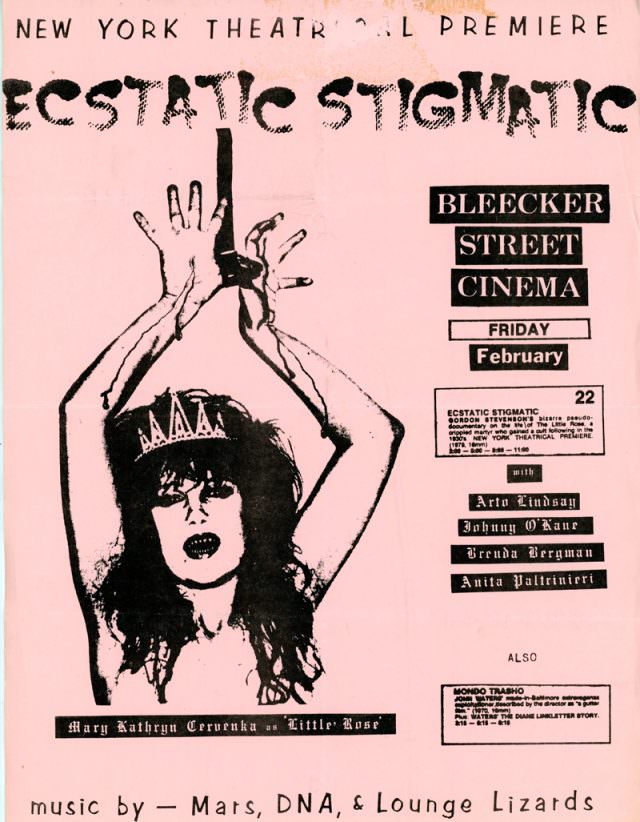 Bleecker Street Cinema, Ecstatic Stigmatic, Gordon Stevenson, Mary Kathryn Cervenka, Arto Lindsay, Flyer, 1980
